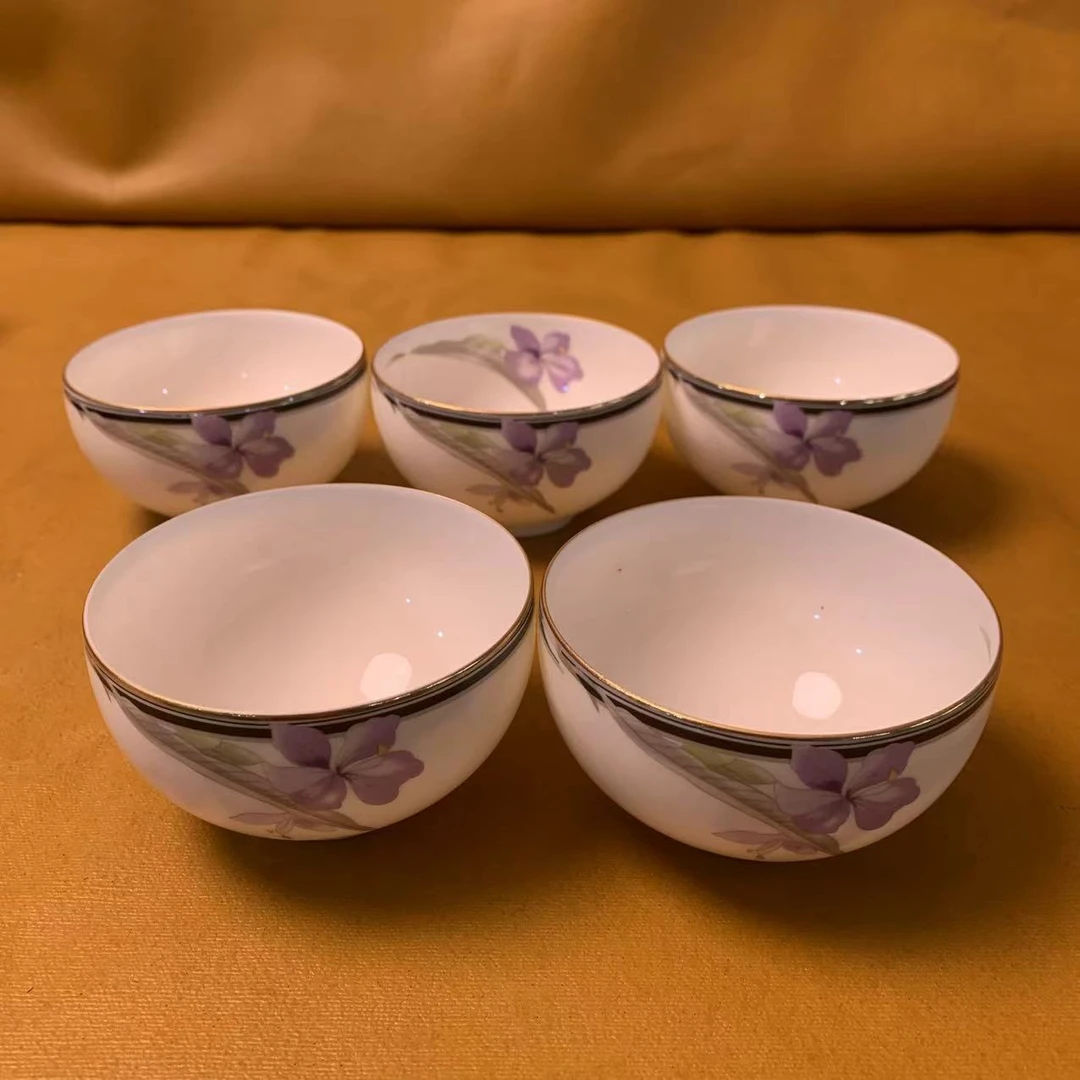 日本回流内外绘制紫色兰花茶碗五个不支持退换介意勿拍