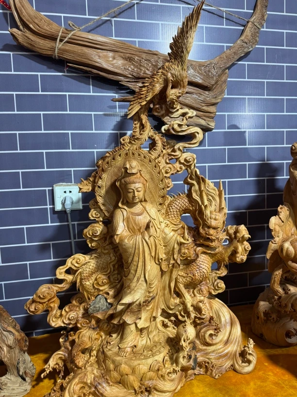 龙凤观音！木雕观音摆件佛像玄关装饰实木雕刻工艺品