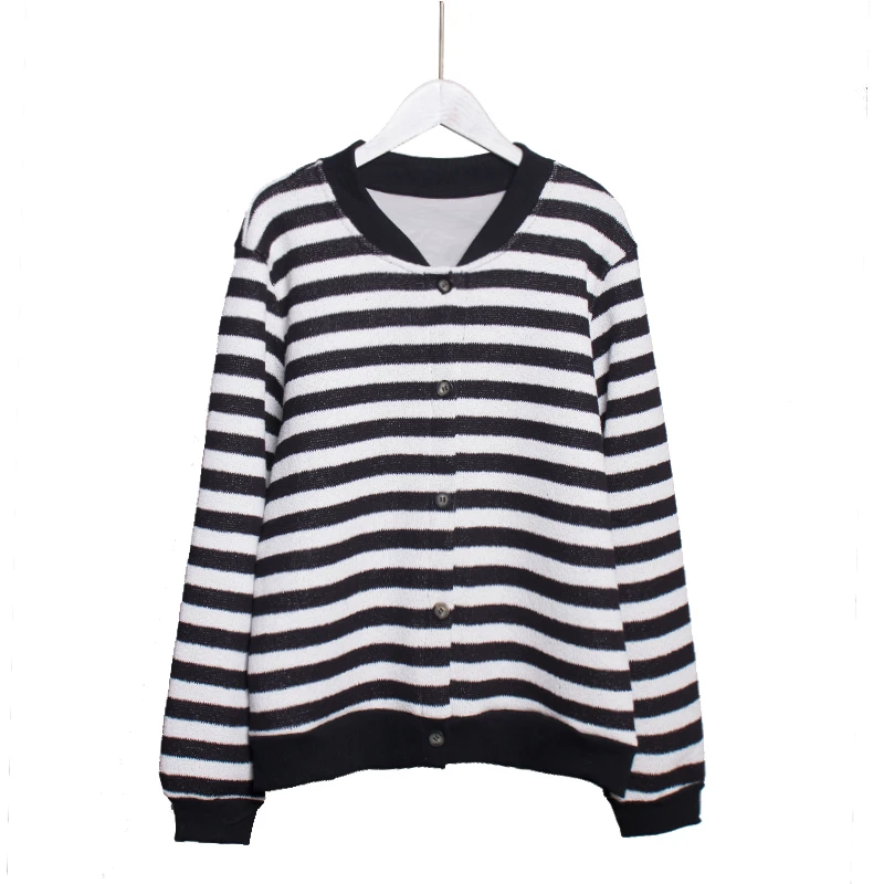 秋冬黑白条纹开衫简约大方设计女装开衫经典条纹加厚棒球服4003