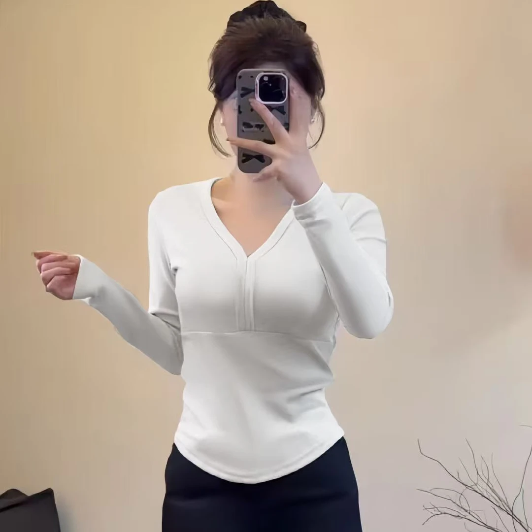 822#辣妹纯欲显瘦长袖性感V领T恤收腰打底衫女内搭上衣