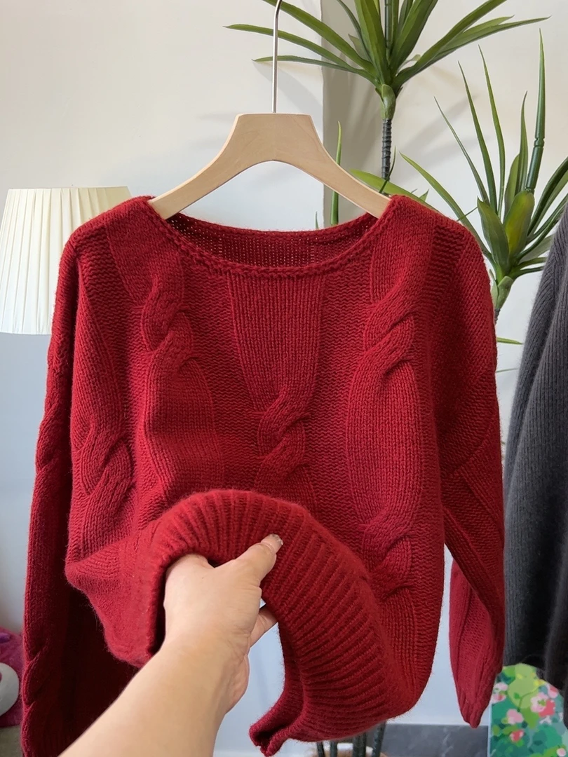 新年款红色加厚毛衣一字领时尚气质百搭外穿