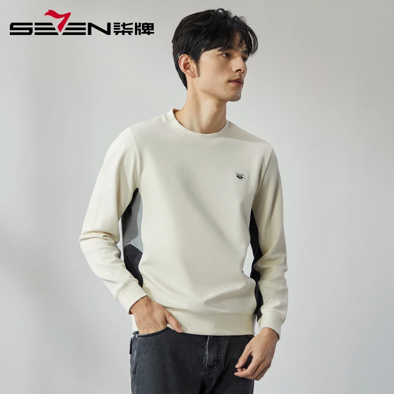 柒牌时尚拼接长袖卫衣2025春季新款男士休闲百搭潮流简约圆领上衣