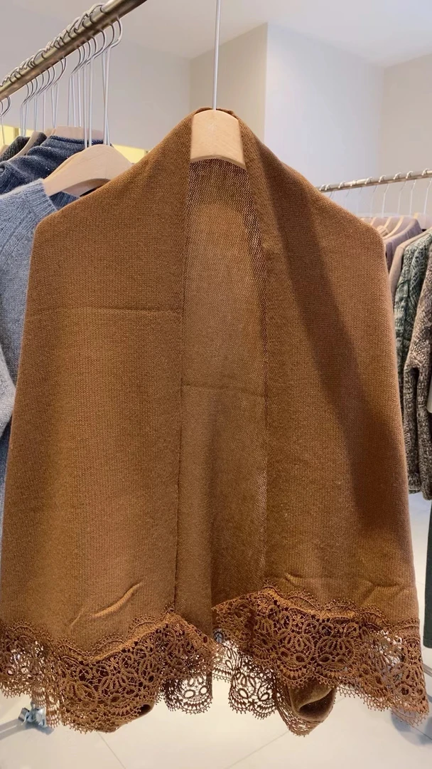 轻奢小众！羊绒披肩女100纯羊绒花边蕾丝开衫纯色羊绒针织衫外套