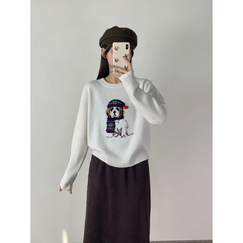 CHUAN BAI 暖冬款小狗刺绣圆领经典时尚复古花纹休闲针织套头衫