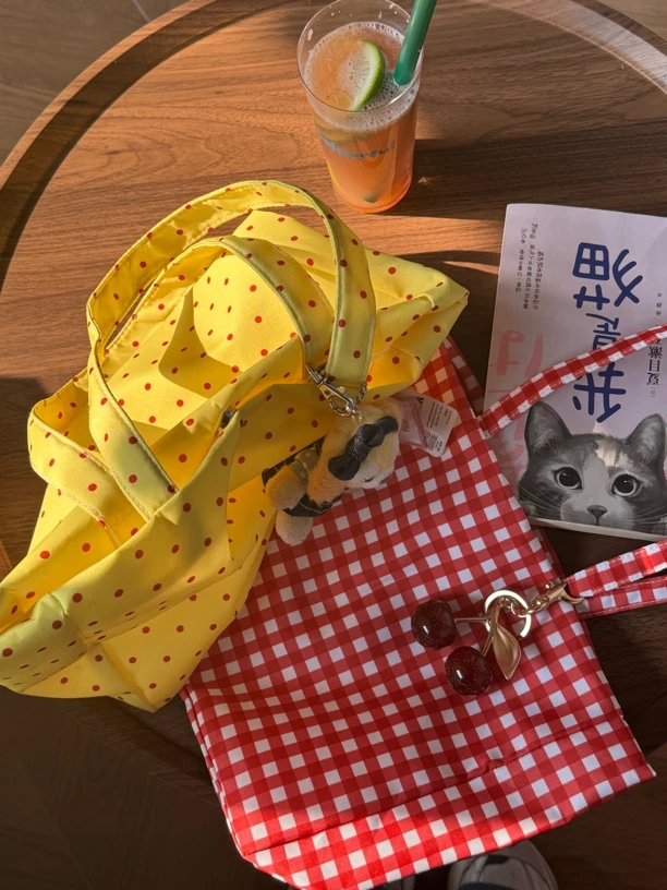 多巴胺色系牛津布红格子黄波点ins印花单肩包女夏季红色时尚布包