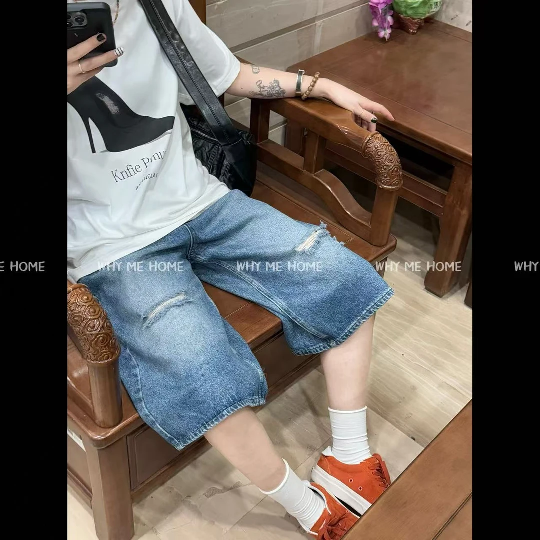 【粗腿救星】美式破洞洗水宽松百搭显瘦7分牛仔裤6025