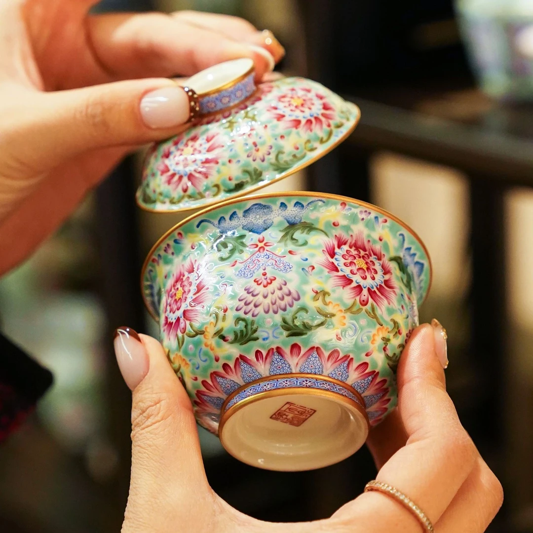 溢珍堂松石绿缠枝莲花韵盖碗茶具茶家用手工高档陶瓷喝茶茶器中式