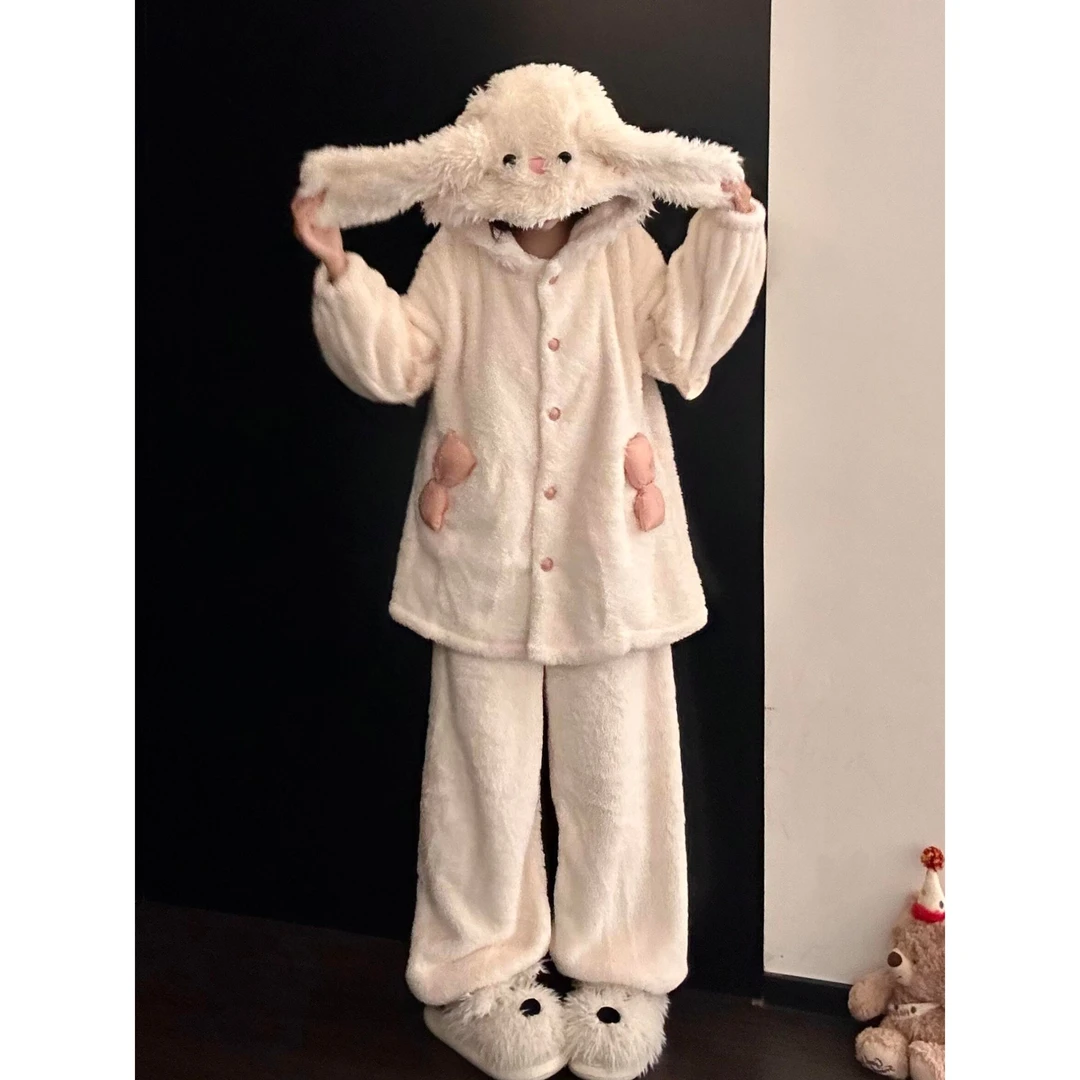 可爱兔耳朵连帽珊瑚绒睡衣女秋冬新款加绒保暖长裤居家服套装外穿