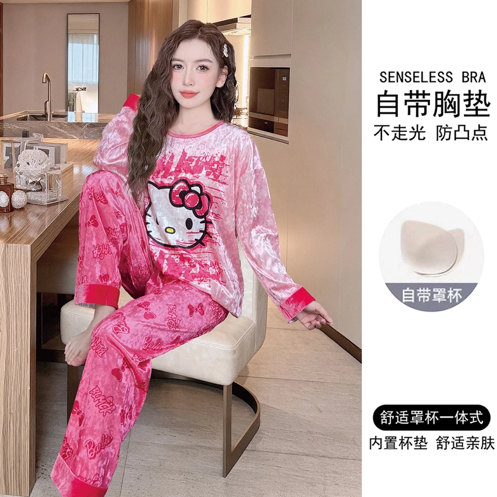 带胸垫2025年新款金丝绒睡衣女春秋季长袖可爱卡通秋冬家居服套装