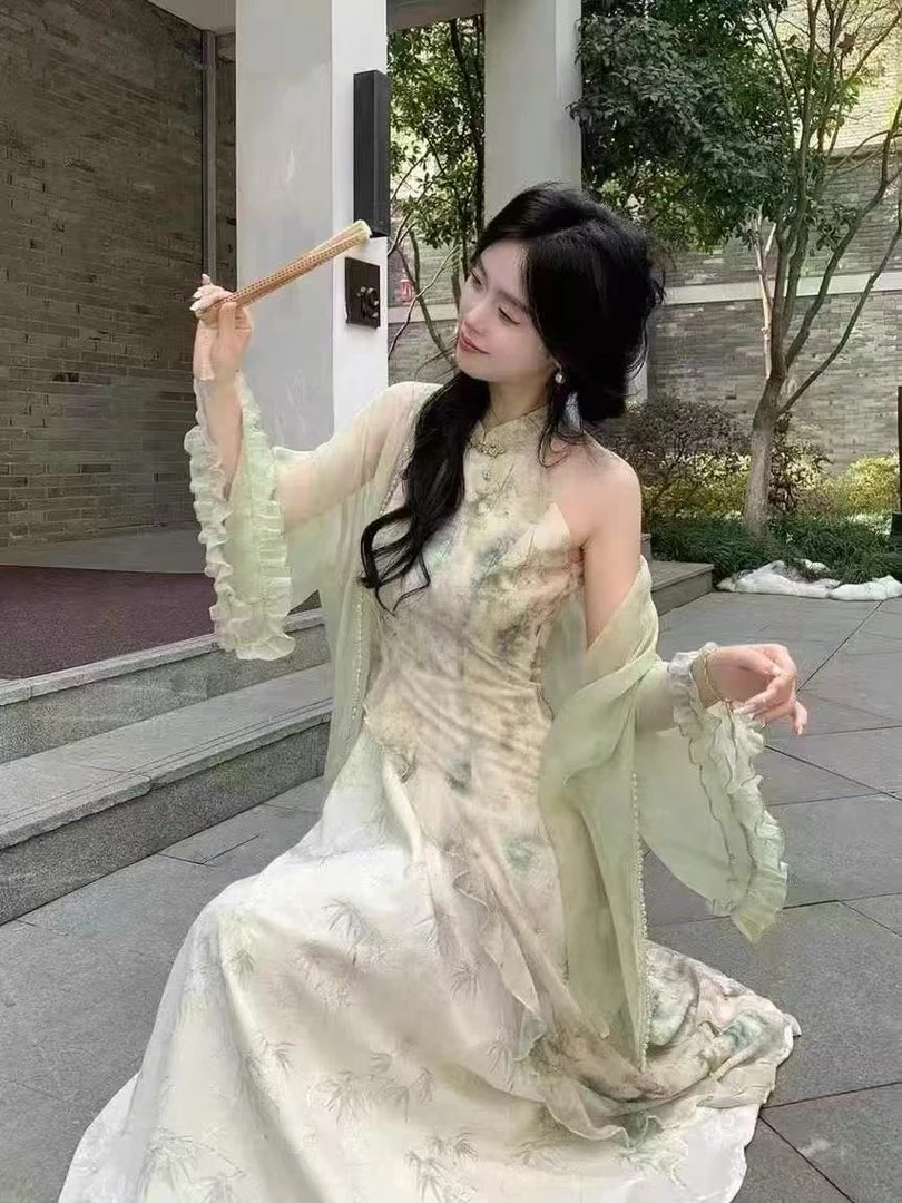 新中式国风禅意改良旗袍印花挂脖连衣裙开衫春夏气质款