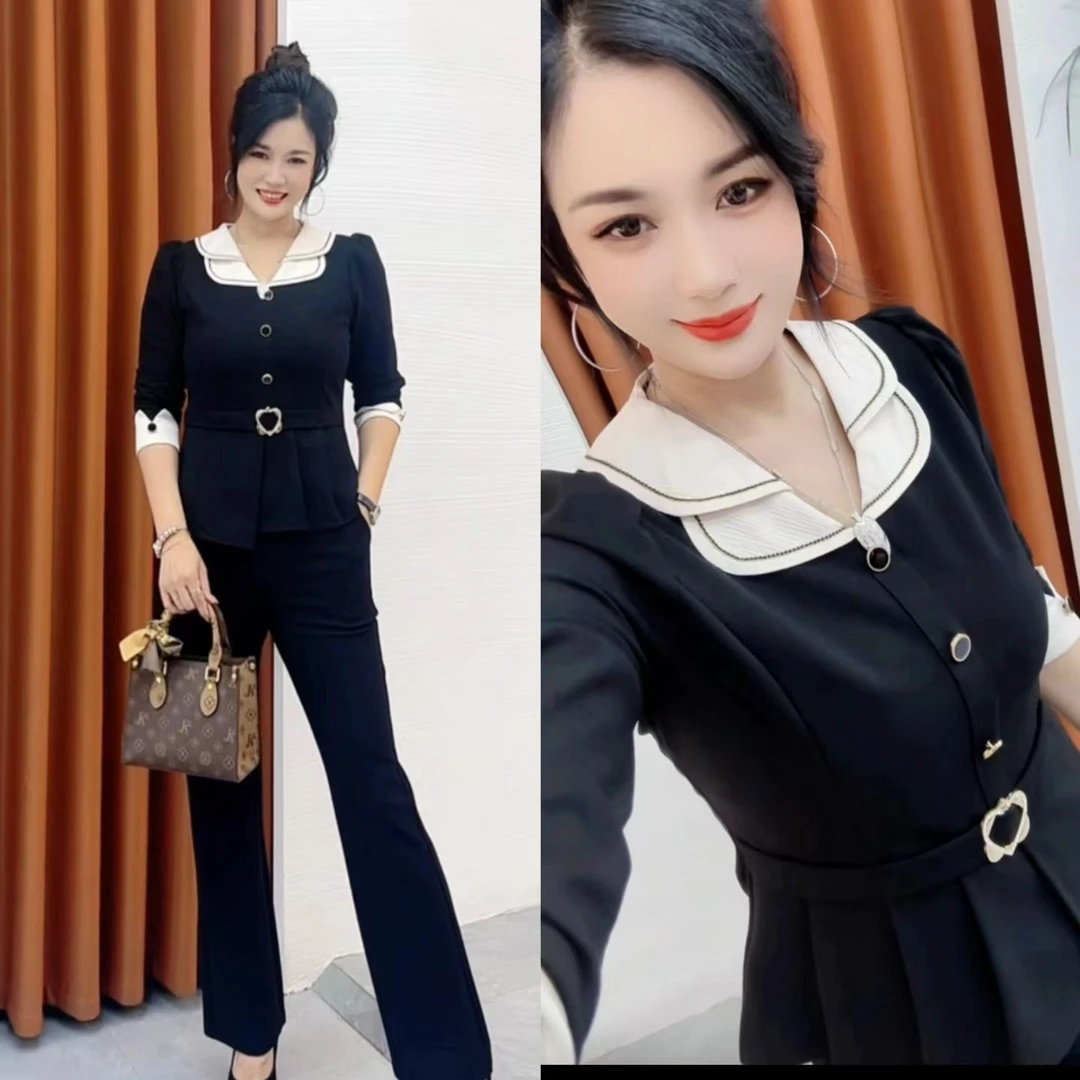 【十姐妹推荐】秋冬季新款时尚洋气大方减龄修身显瘦微喇裤女套装