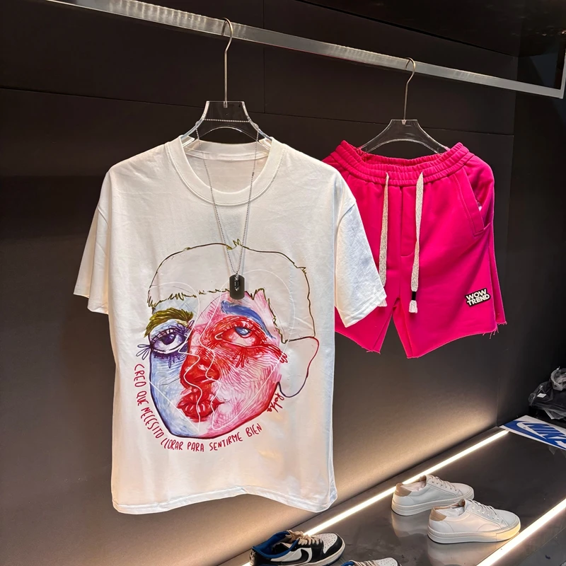 潮牌高街复古洗水做旧印花休闲宽松重磅短时尚袖T恤男