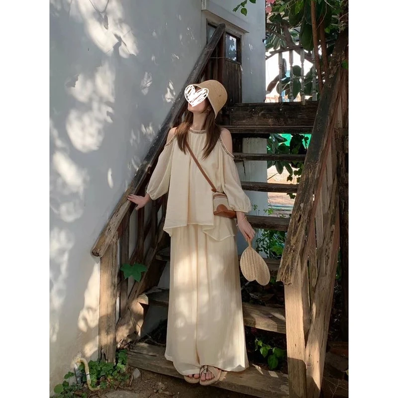 【普罗旺斯】夏季波西米亚风露肩上衣休闲裤两件套女 80779