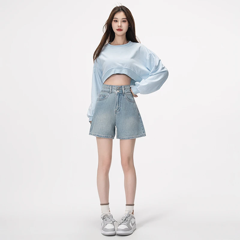 2025新款春季高腰窄版牛仔短裤女潮流百搭四分裤破洞刺绣8336