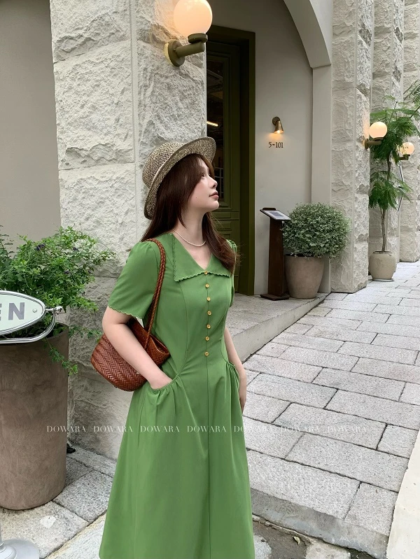 现货9585X大婉酱肉肉微胖定制【液态森林】圆领微收腰简约连衣裙