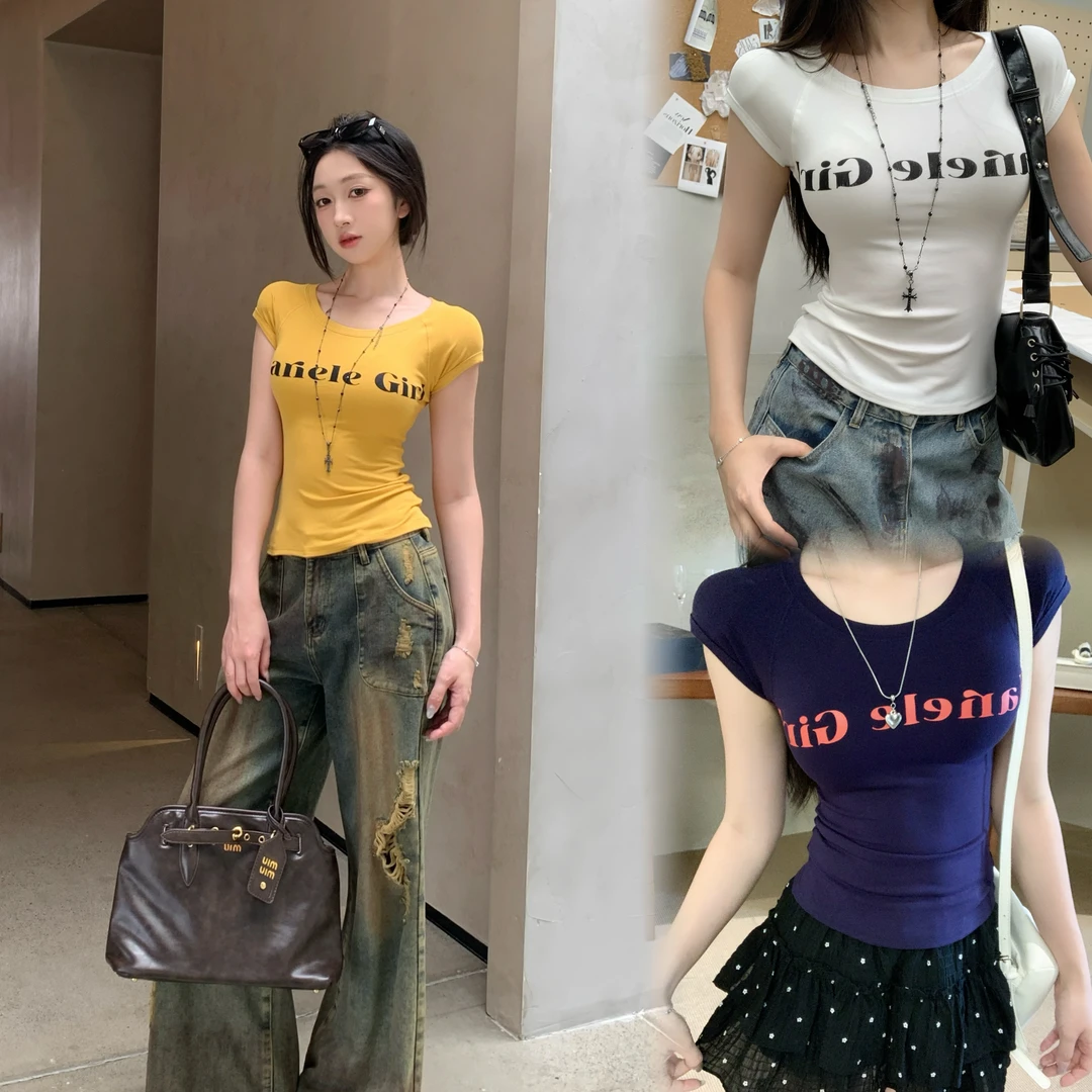 美式辣妹字母印花紧身收腰飞飞袖上衣女设计感修身圆领背心T恤