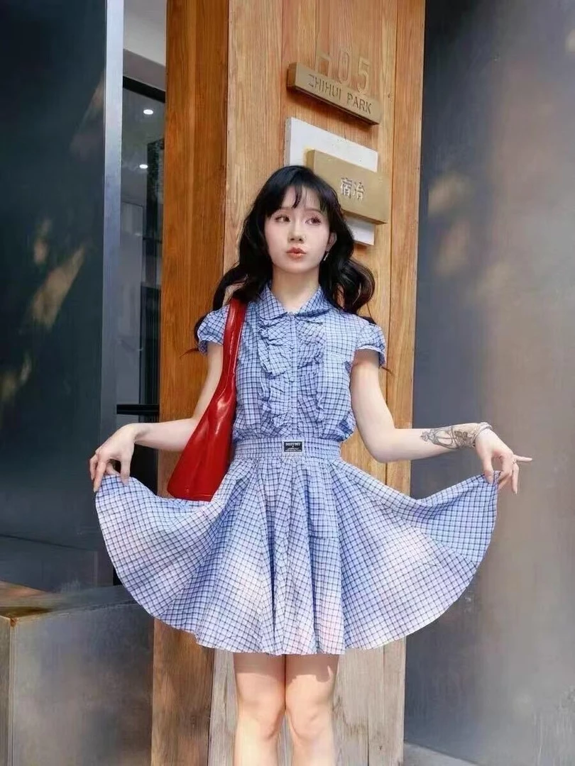 设计师品牌~2025夏季新款褶花边设计航海穿搭格子衬衫+半身裙