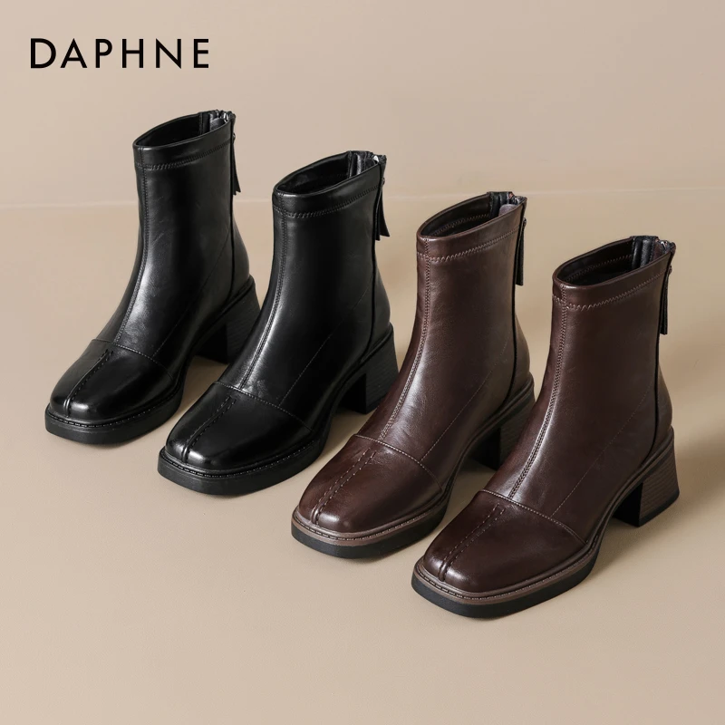 达芙妮英伦风复古马丁靴女款2025年冬季新款短靴后拉链粗跟瘦瘦靴