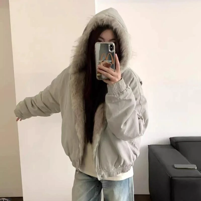 美式复古座山雕毛领连帽夹克棉服外套2025年冬季短款棉袄加厚棉衣