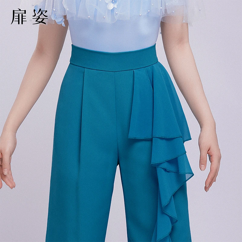 扉姿 摩登舞裤女夏季专业交谊舞直筒裤子吉特巴荷叶边舞蹈裤F2138