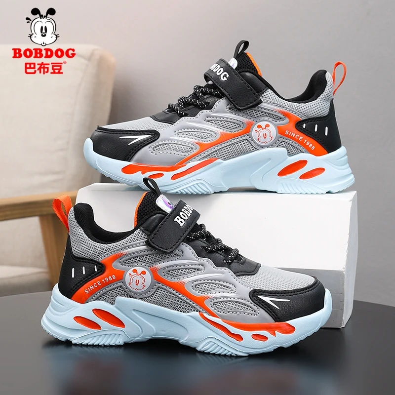 巴布豆童鞋男童运动鞋春秋新款网面皮面透气中大童学生儿童板鞋子