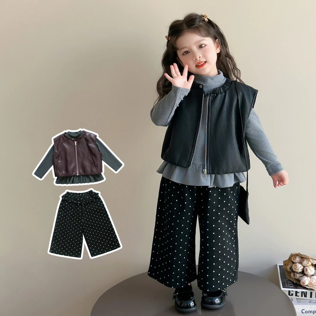 韩版女童秋季套装2025新款儿童时尚女宝宝时髦洋气皮衣马甲三件套