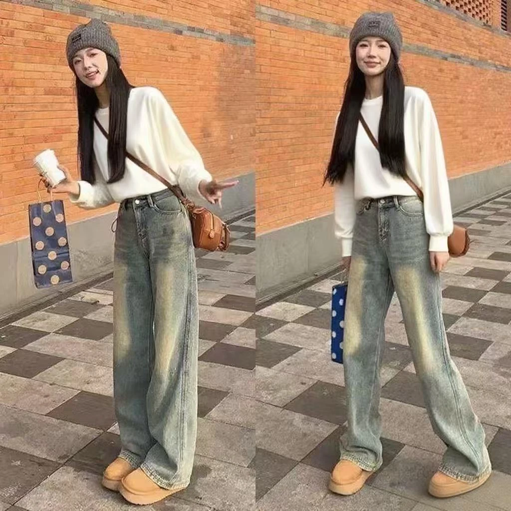 美式复古高街水洗做旧牛仔裤女秋季高腰显瘦百搭宽松阔腿拖地裤子