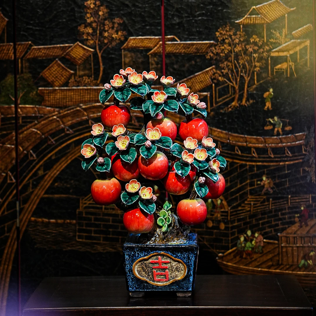 【金秋折扣】AM72非遗手工石湾陶瓷苹果树客厅电视柜中式玄关摆件