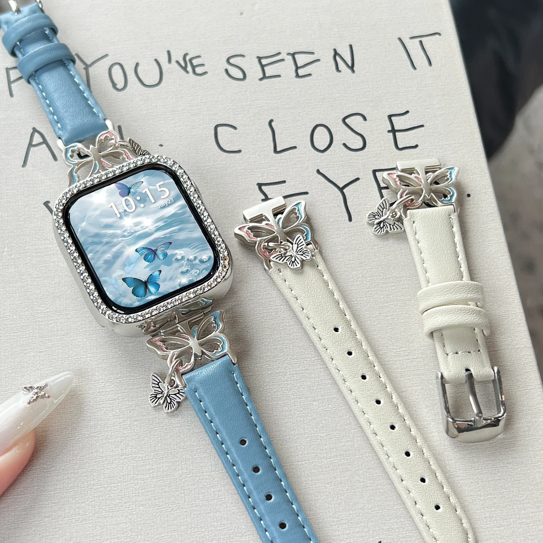 适用于小米手环9Pro表带金闪蝴蝶小米8Pro表带皮质红米watch6腕带