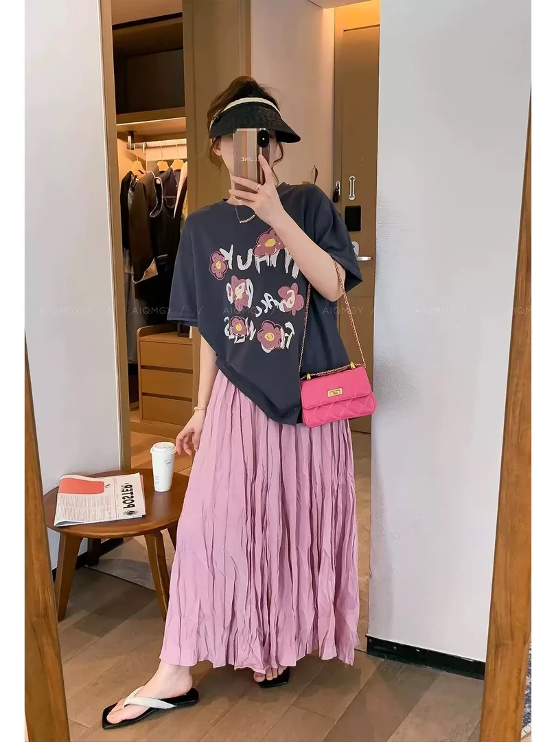 루루가−（仲夏夜）韩国东大门褶皱半身裙a字裙百搭显瘦气质休闲大摆裙