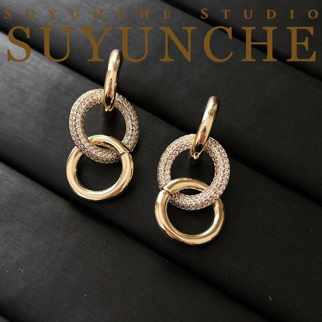 铜合金合成锆石耳饰 SuyuncheA93绿金色时尚圈圈连环轻奢精致耳环