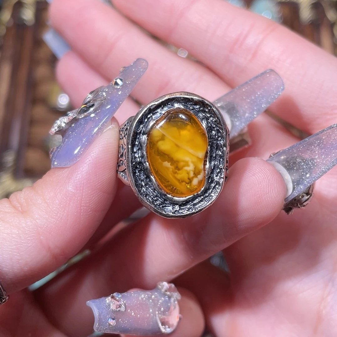 美****琥珀银S925镶嵌戒指