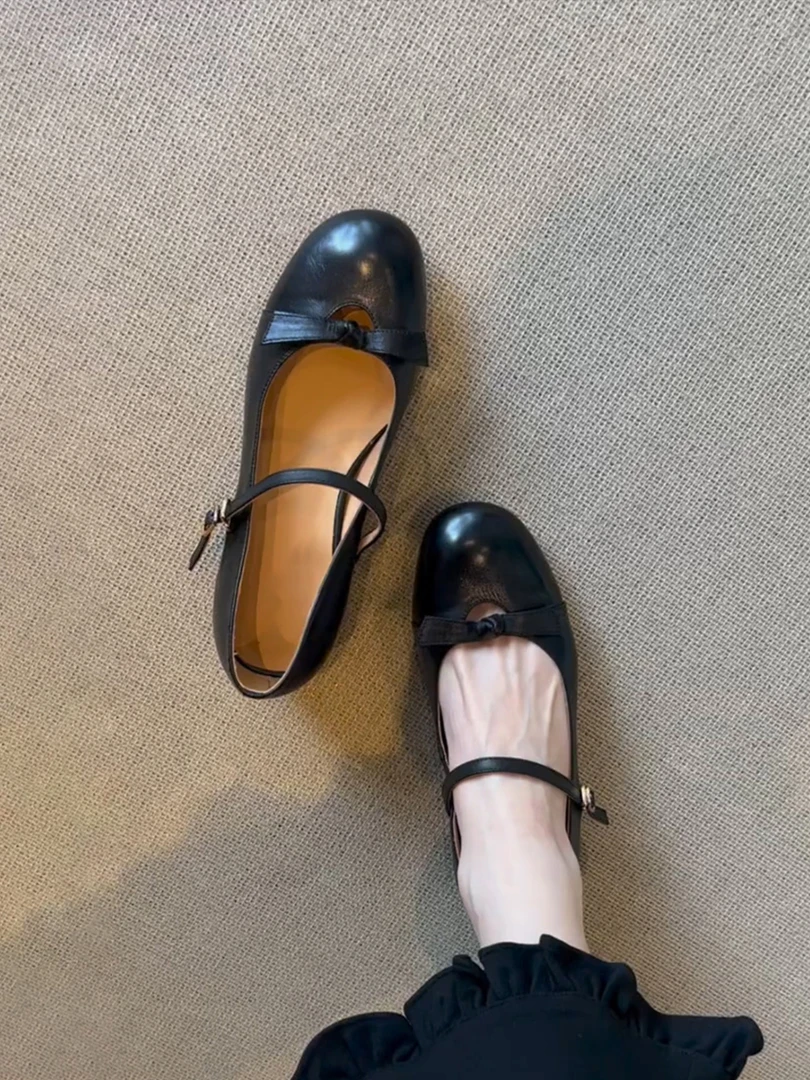 羊皮版~软皮玛丽珍鞋女经典圆头一字带蝴蝶结粗跟浅口法式单鞋子