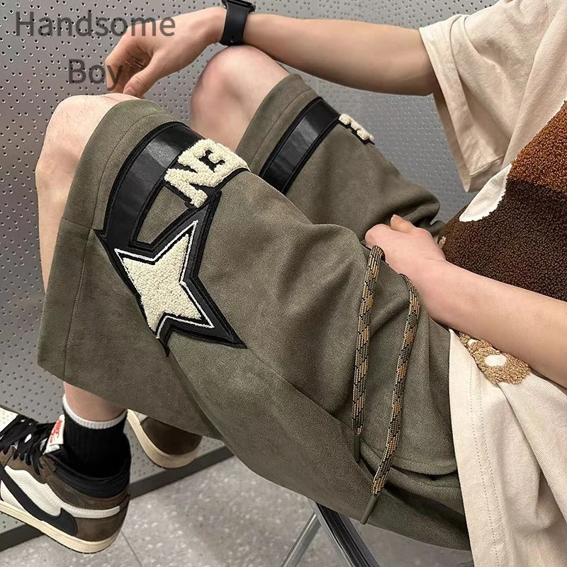 麂皮绒刺绣短裤男秋季新款学生韩版宽松百搭美式休闲运动五分中裤