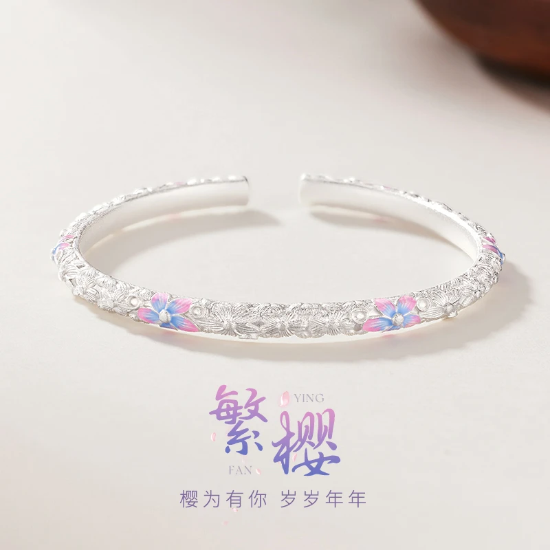 足银手镯 樱花银手镯女纯银999珐琅彩实心开口圣诞生日礼物送女友