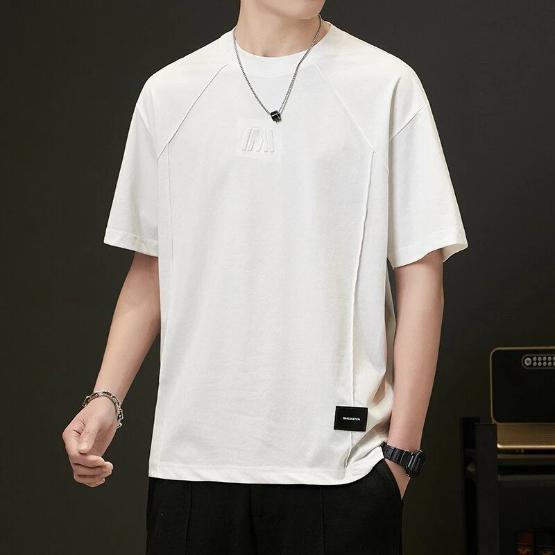 夏季纯色圆领褶皱钢印短袖体恤毕业季T恤百搭男士中青年半袖