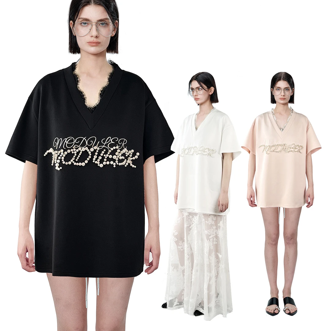 MODULER新款 原创蕾丝拼接双层领珍珠刺绣重工感宽松oversizeT恤