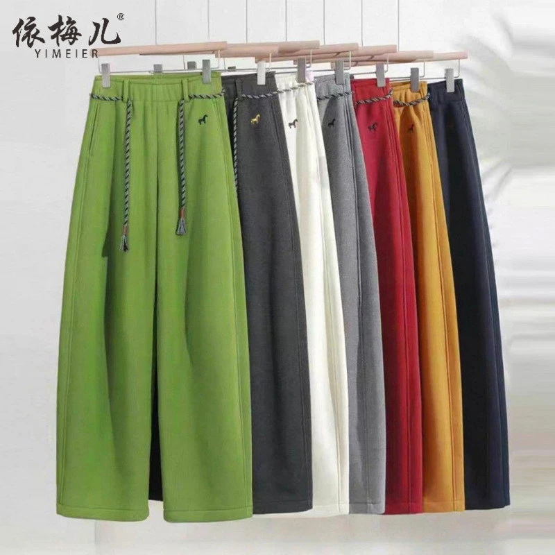 依梅儿加绒休闲直筒裤女2025年冬季新款高腰时尚百搭小马刺绣休闲