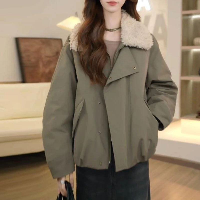 2025秋冬季新款翻领时尚棉服外套女士百搭宽松气质棉衣高级感女装