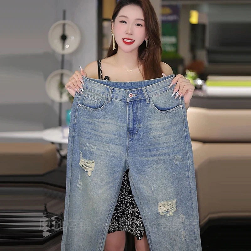 2025夏季美式高街男士破洞牛仔裤复古怀旧透气宽松阔腿长裤男款