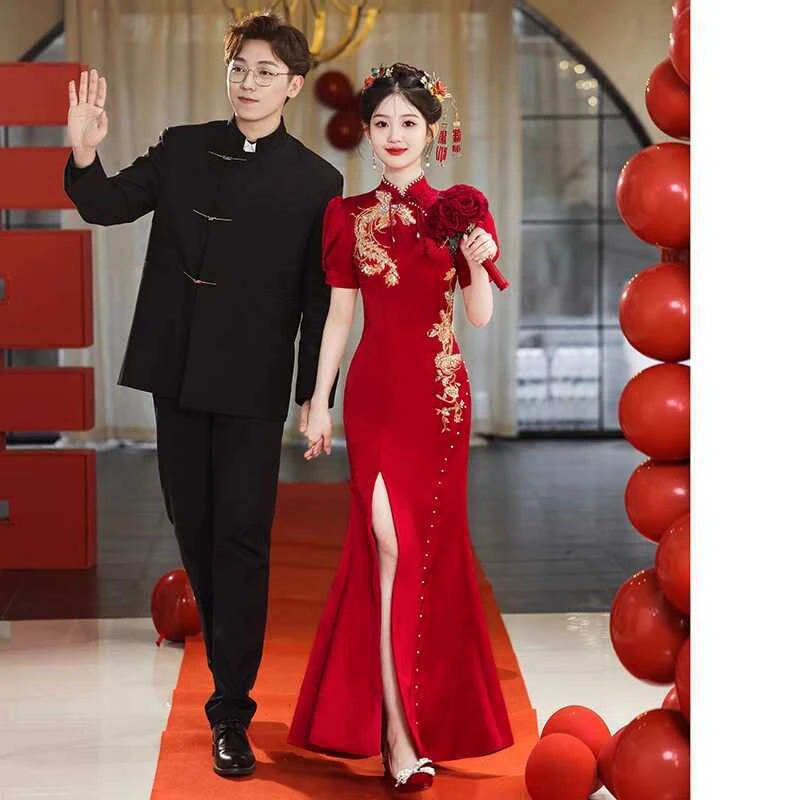 新中式旗袍敬酒服新娘结婚回门服酒红色长款收腰鱼尾开叉2025礼服