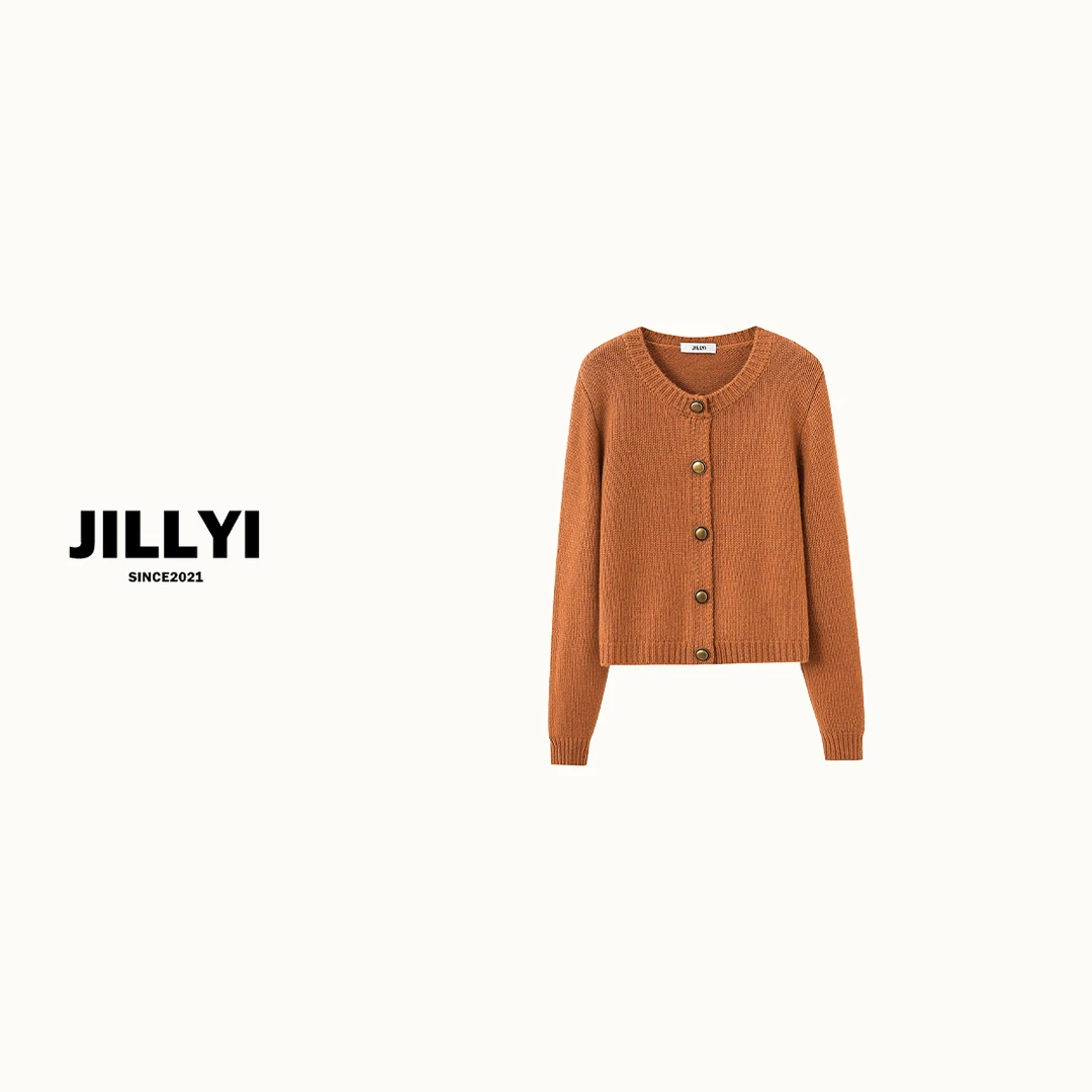 JILLYI南山店【橘子汽水】暖桔色圆领单排扣极简风百搭针织开衫秋季