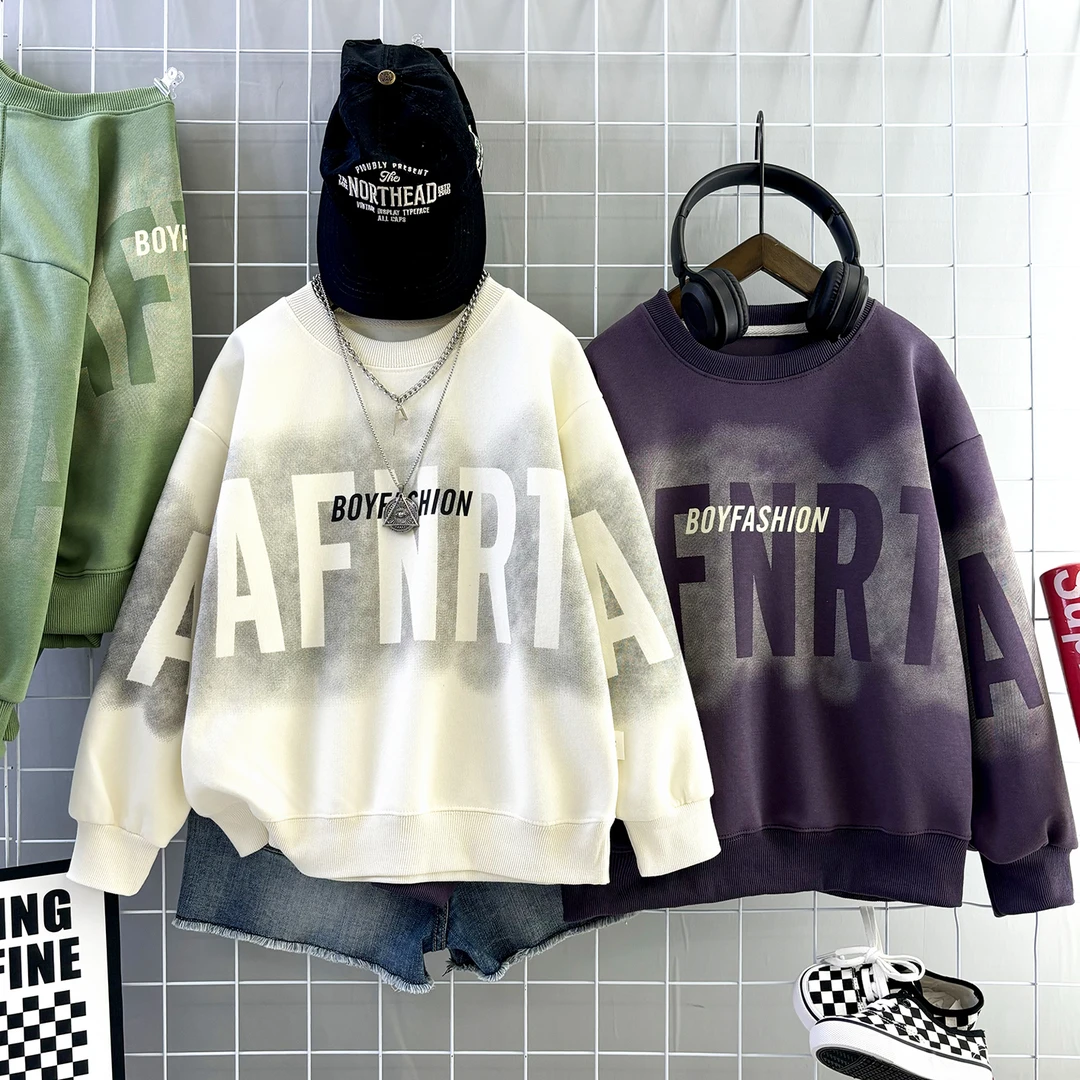 男童新款秋冬扎染印花卫衣中大童时尚百搭圆领套头长袖亲子款