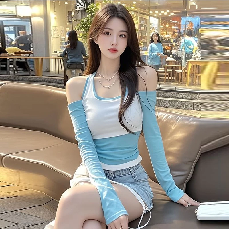 欧若风小个子穿搭拼接撞色吊带假两件上衣女春季新款辣妹长袖t恤