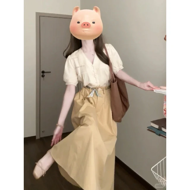 微胖法式花边拼接镂空v领衬衫女夏季肌理感高腰气质半身裙两件套