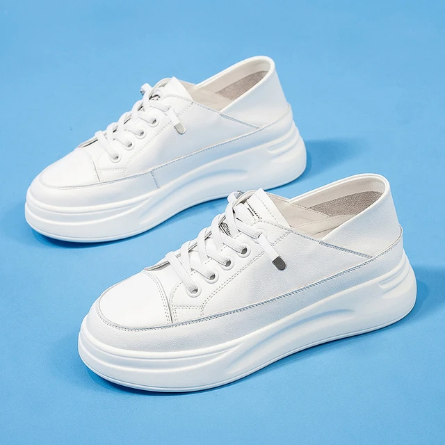 真皮一脚蹬小白鞋女2025春季新款休闲轻便增高单鞋透气平底板鞋潮