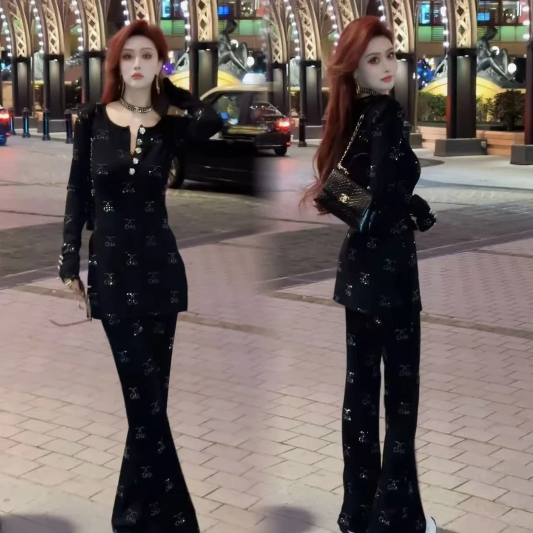 高冷御姐套装女烫钻修身洋气一套穿搭高级上衣+喇叭裤弹力两件套