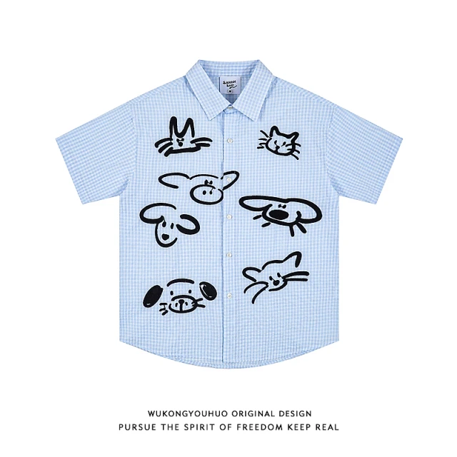 悟空有货夏季潮牌格子趣味刺绣短袖衬衫男女复古宽松情侣百搭衬衣