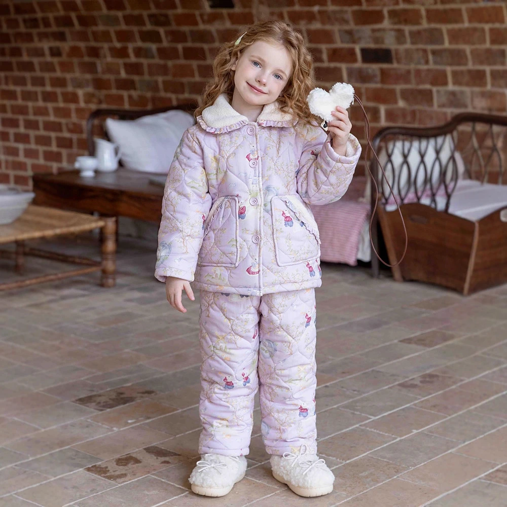 女童睡衣冬天三层加厚夹棉保暖粉色碎花纯棉家居服套装可外穿棉衣