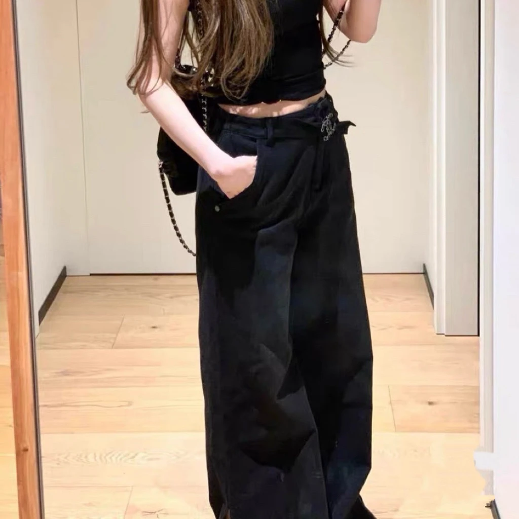 未使用 Chanel/香奈儿 A100167/双C腰带黑色阔腿牛仔裤/36码